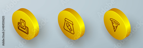 Set Isometric line Food ordering on mobile, Online fish and Slice of pizza icon. Vector