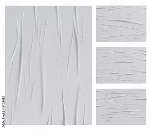 Glued wrinkle paper mockup, adhesive crumpled paper posters. Vector white wet creased or ripped sheets texture with corrugation, isolated blank rectangular design elements, realistic 3d set