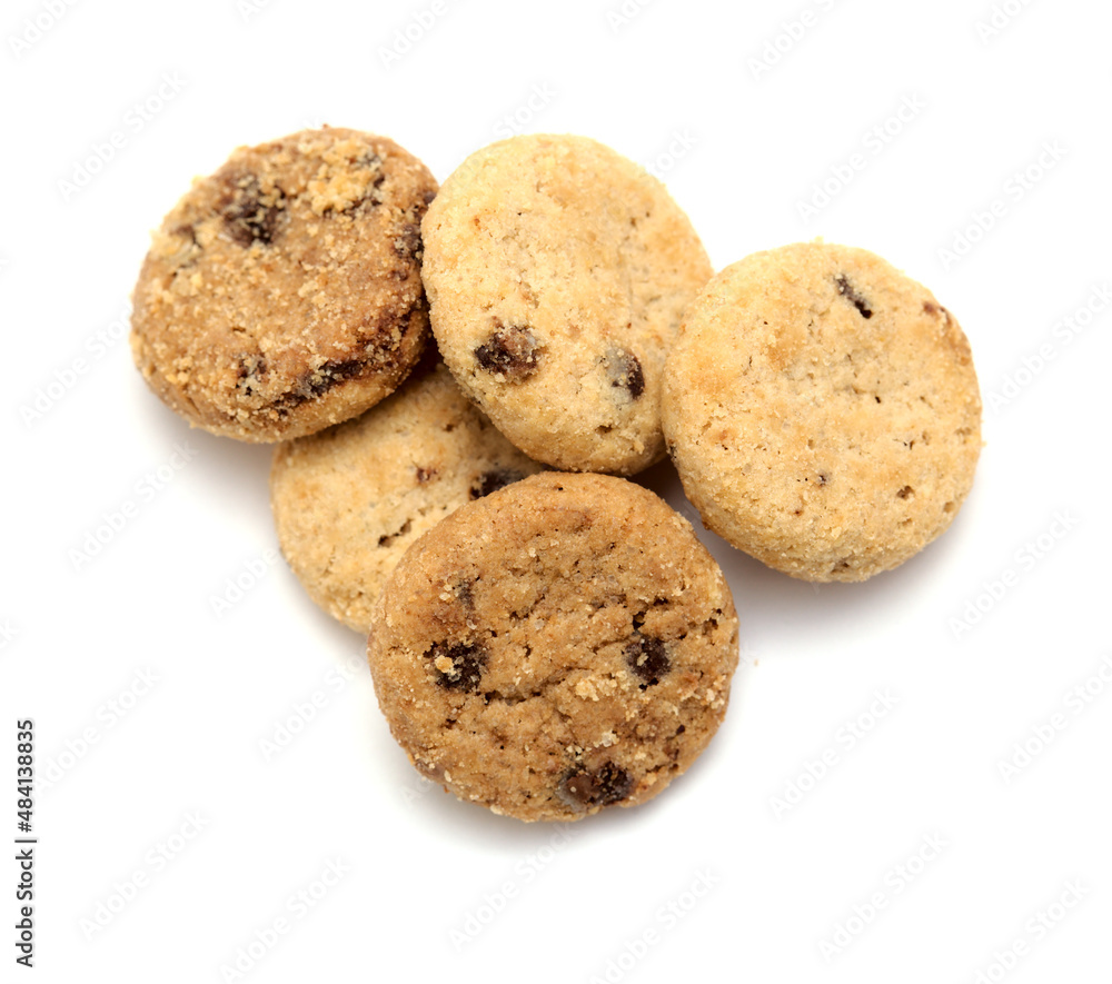Round chocolate chip mini cookies isolated on white background
Round chocolate chip mini cookies isolated on white background