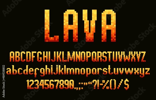 8 bit pixel font alphabet, retro pixel game type letters, digits and symbols. Vector arcade video or computer game typography typeface with hot red and yellow pixelated pattern of lava effect