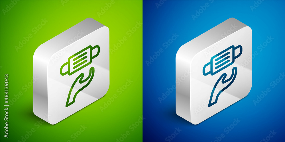 Isometric line Medical protective mask icon isolated on green and blue background. Silver square button. Vector Isometric line Medical protective mask icon isolated on green and blue background. Silver square button. Vector