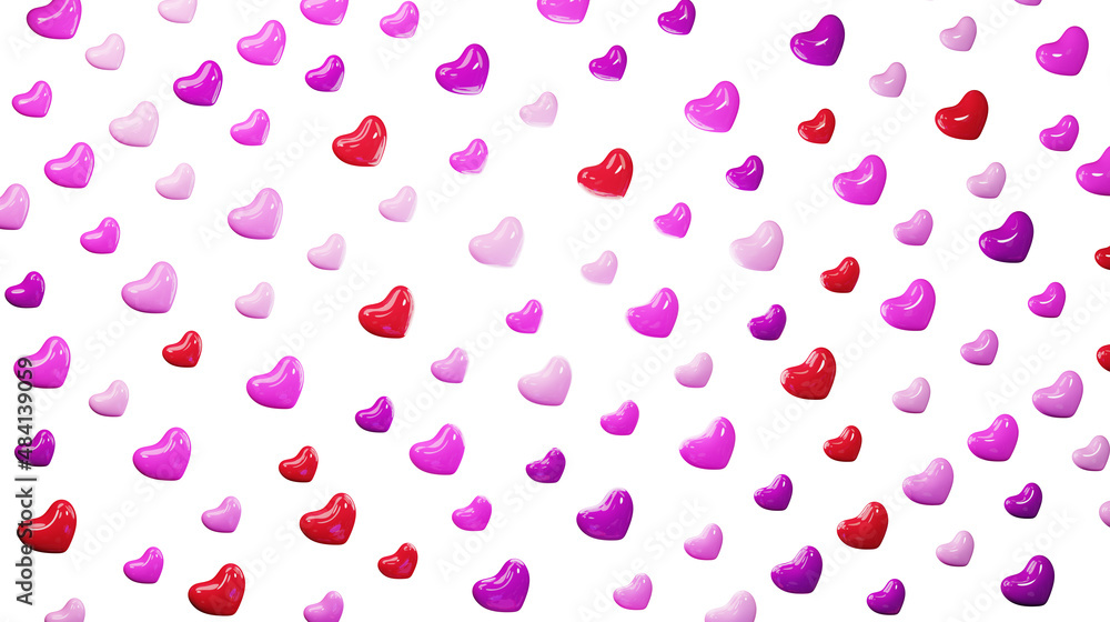 Background of multicolored hearts, 3d rendering. A lot of hearts,  Flat Lay. Decor for Valentine's Day.