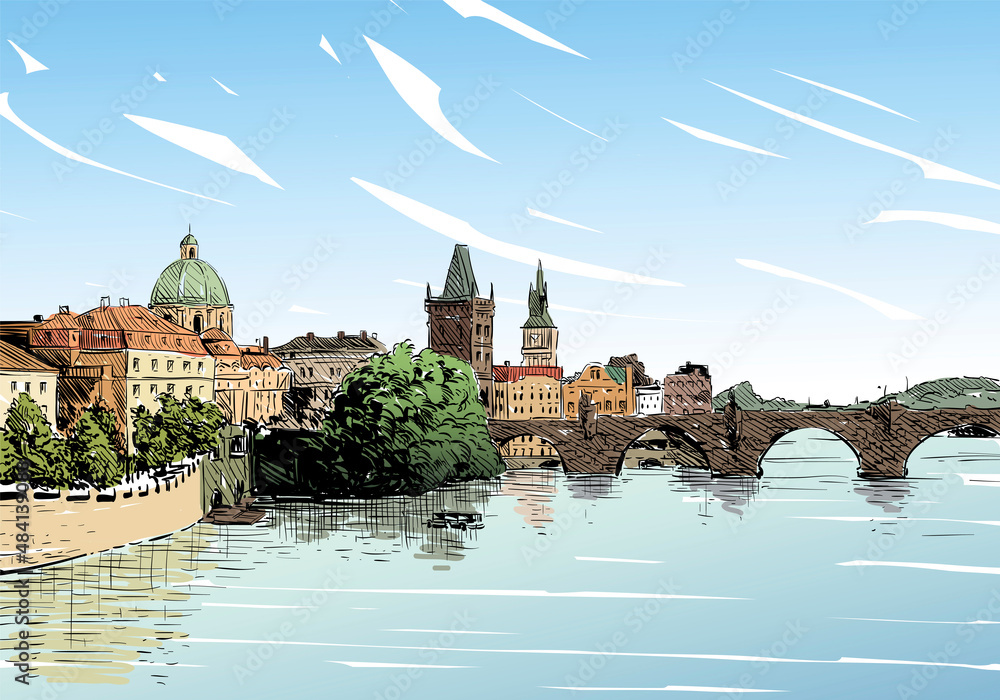 Fototapeta premium Prague city hand drawn sketch. European city, vector illustration