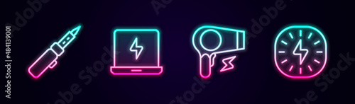 Set line Soldering iron, Laptop, Hair dryer and Lightning bolt. Glowing neon icon. Vector