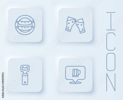 Set line Sausage, Glass of beer, Bottle opener and Wooden mug. White square button. Vector
