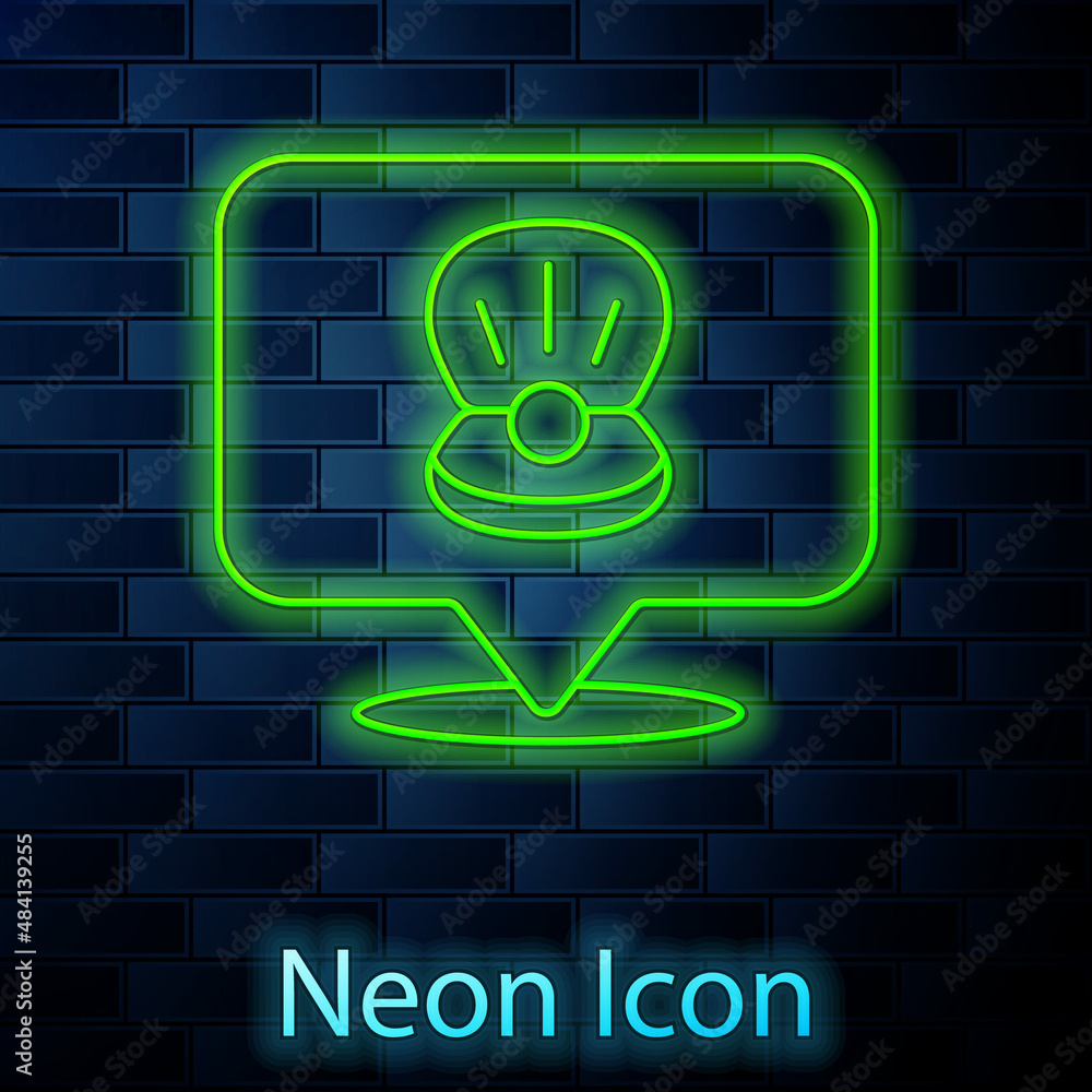 Glowing neon line Scallop sea shell icon isolated on brick wall background. Seashell sign. Vector Glowing neon line Scallop sea shell icon isolated on brick wall background. Seashell sign. Vector