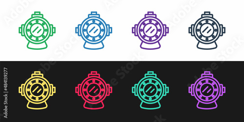 Set line Aqualung icon isolated on black and white background. Diving helmet. Diving underwater equipment. Vector