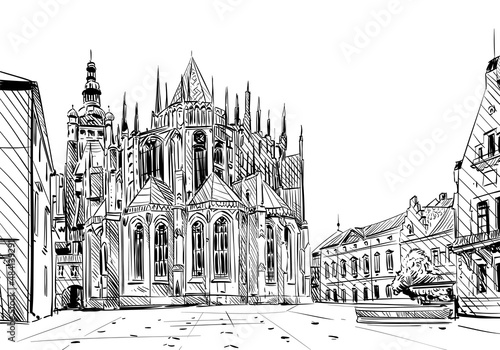 Prague city hand drawn sketch. European city, vector illustration