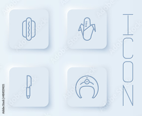 Set line Hotdog  Corn  Knife and Fish steak. White square button. Vector