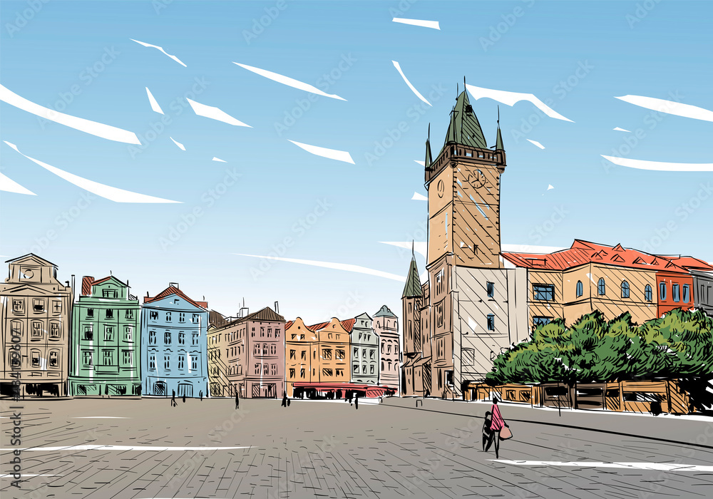 Obraz premium Prague city hand drawn sketch. European city, vector illustration