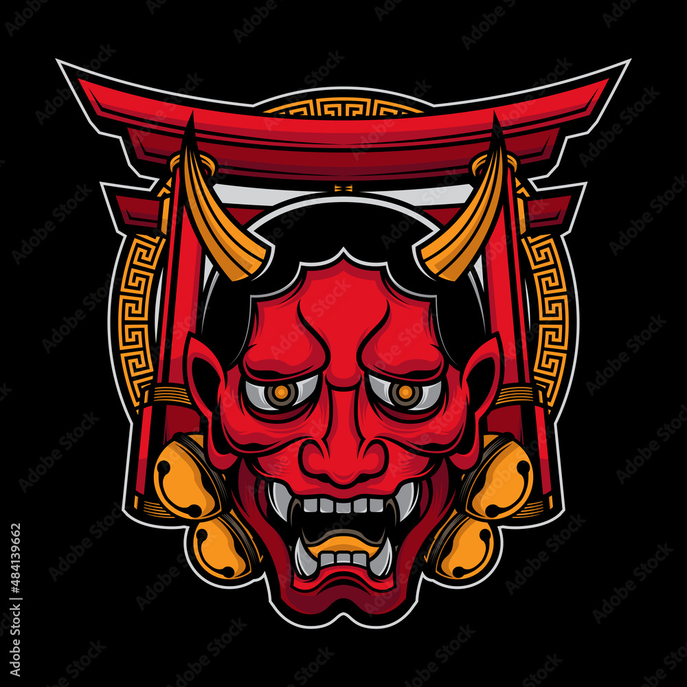 Premium Vector Vector Illustration Of Japan Red Oni Demon With Japanese Word Means Strength