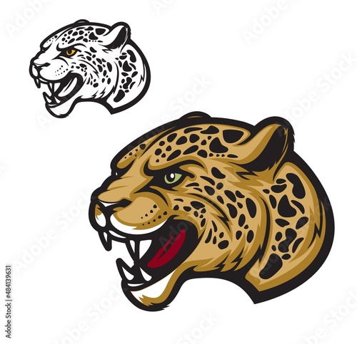 Angry jaguar or leopard cartoon animal mascot, vector beast. Roaring wild cat predator head with fierce fangs for sport team badge, league emblem, tattoo or game mascot