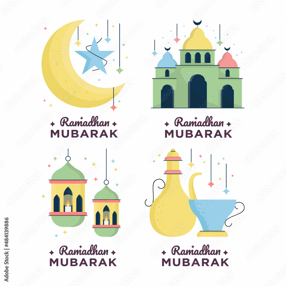 Ramadan mubarak greeting element collections flat design color style islamic vector