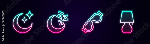 Set line Moon and stars, Eye sleep mask and Table lamp. Glowing neon icon. Vector