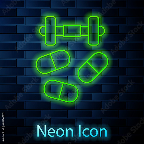 Glowing neon line Sports doping, anabolic drugs with dumbbell icon isolated on brick wall background. Anabolic steroids tablet. Pills in jar. Vector
