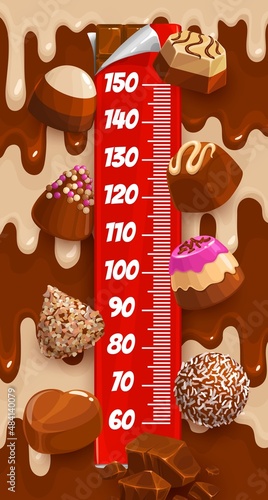 Kids height chart with chocolate, candies and caramel. Vector growth meter with choco and praline patisserie sweets. Wall sticker for children height measurement with cartoon pastry and ruler scale