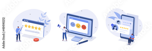 Feedback and review illustration set. People characters giving positive five star feedback and choosing emoji to show satisfaction rating. Customer support and FAQ concept. Vector illustration.

