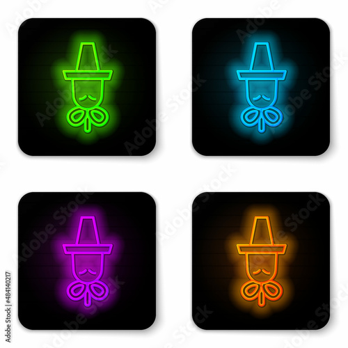 Glowing neon line Traditional korean hat icon isolated on white background. Black square button. Vector