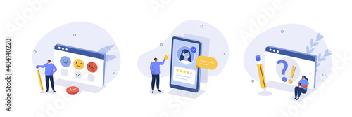 Feedback and review illustration set. People characters asking questions, giving review and choosing emoji to show satisfaction rating. Customer support and FAQ concept. Vector illustration.