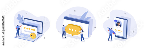Feedback and review illustration set. People characters giving helpdesk service five star feedback and writing positive comments. Customer support and FAQ concept. Vector illustration.