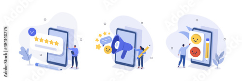 Feedback and review illustration set. People sharing positive experience. Characters giving helpdesk service five stars and emoji. Customer support and FAQ concept. Vector illustration.