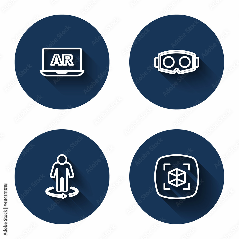 Set line Augmented reality AR, Virtual glasses, 3d modeling and with long shadow. Blue circle button. Vector Set line Augmented reality AR, Virtual glasses, 3d modeling and with long shadow. Blue circle button. Vector