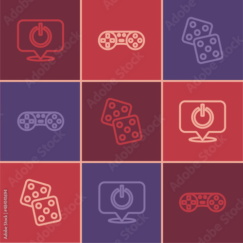 Set line Power button, Game dice and controller or joystick icon. Vector