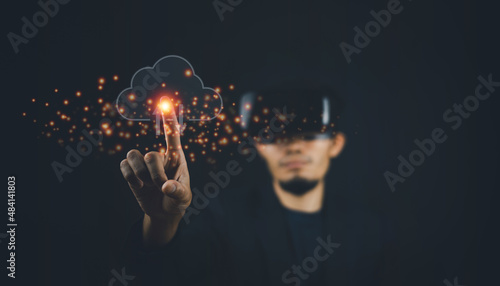 Hand touch on cloud visual screen connection to VR glasses metaverse AI technology,Metaverse and Blockchain Technology Concepts.