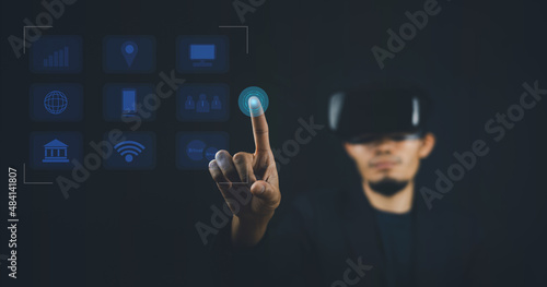 Hand touch on visual screen 3D data application technology and VR glasses on metaverse AI control