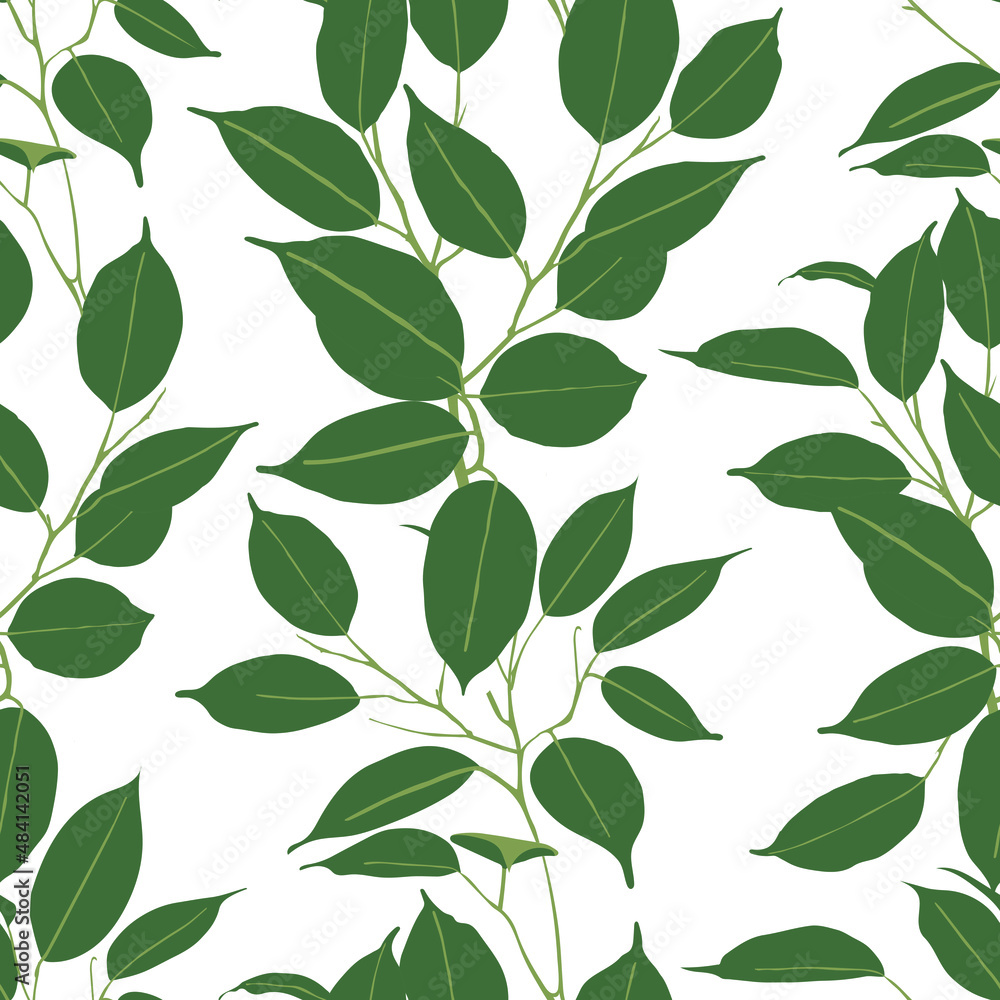 Vector seamless pattern with ficus leaves. Summer ornament for textile, print or wallpaper. Eco concept. Decorative floral design. Natural product on isolated background.