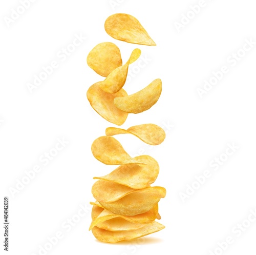 Stack, pile and heap of wavy crispy potato chips, salty snack food or crisps. Realistic vector spicy slices of fried potato vegetable falling in stack, 3d golden chips, appetizer or crisps portion photo