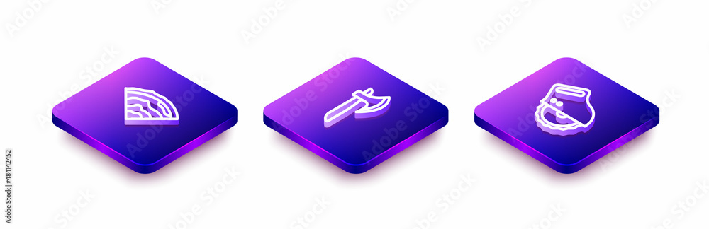 Set Isometric line Wooden beam, axe and Electric circular saw icon. Vector Set Isometric line Wooden beam, axe and Electric circular saw icon. Vector