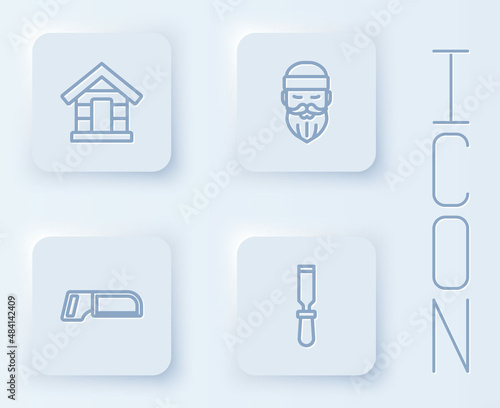 Set line Dog house, Lumberjack, Hacksaw and Chisel tool. White square button. Vector