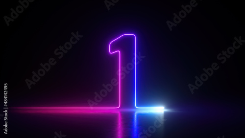 3d render, neon number one glowing in the dark with ultraviolet light, pink blue gradient laser ray