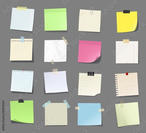 Note paper with tape and stickers, notepad and memory notice sticky sheets. To do list or memo message vector blanks, notepaper of meeting reminder, office information board with appointment notes set photo