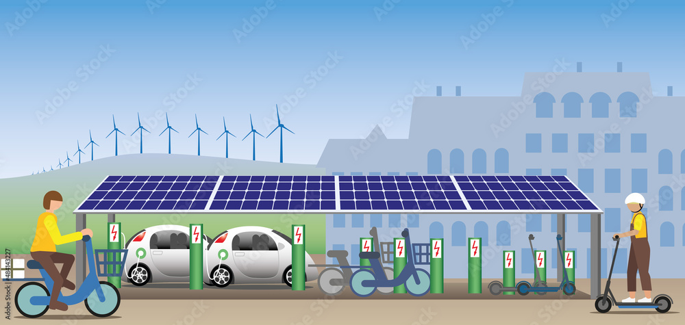 Charging station with solar panel roof in a sustainable environment ...