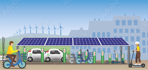 Charging station with solar panel roof in a sustainable environment.  Electric vehicles, cars, bicycles and scooters are charged and in use. Sustainable energy from wind and sun.