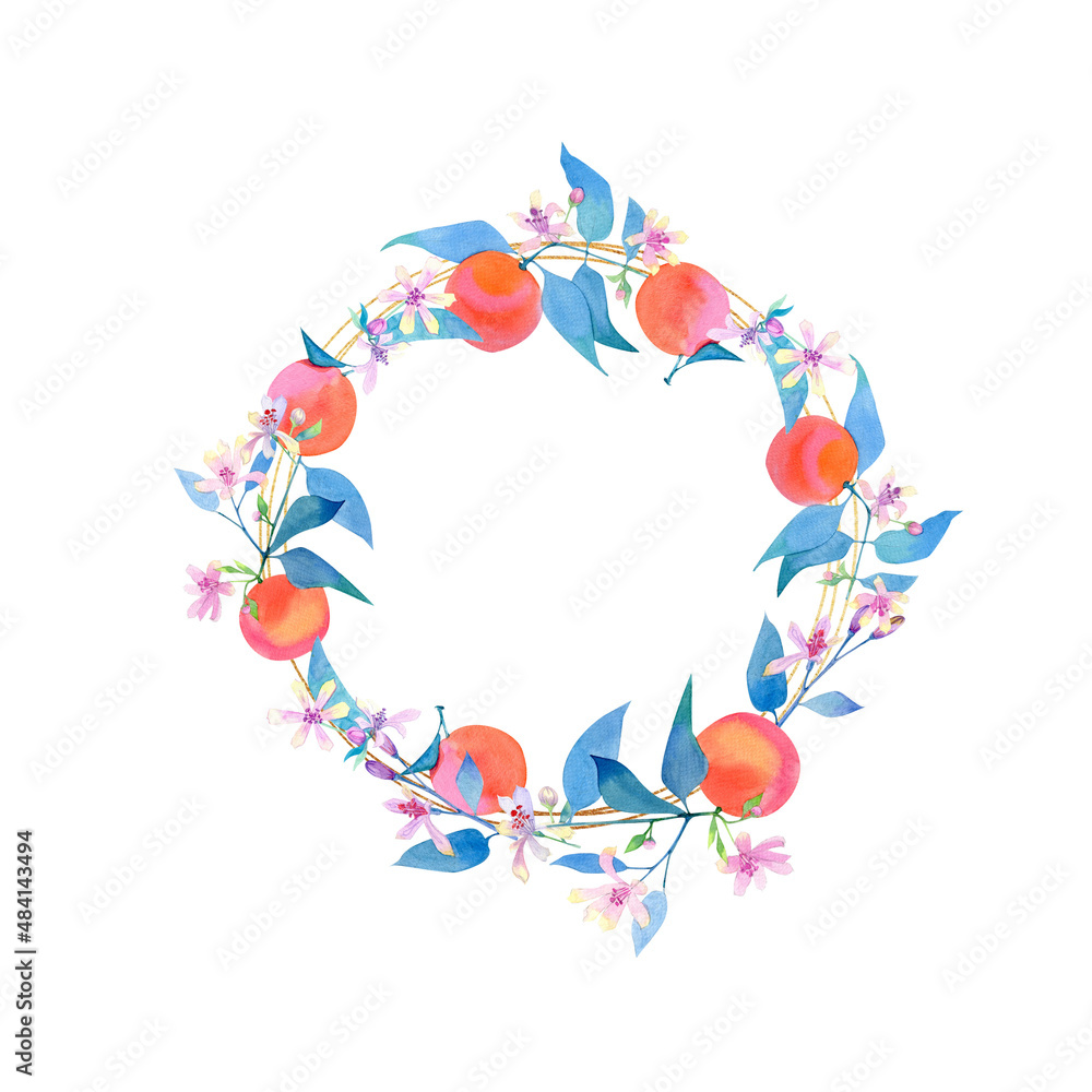 Citrus fruit wreath in hand-drawn watercolor technique.White background, circle frame