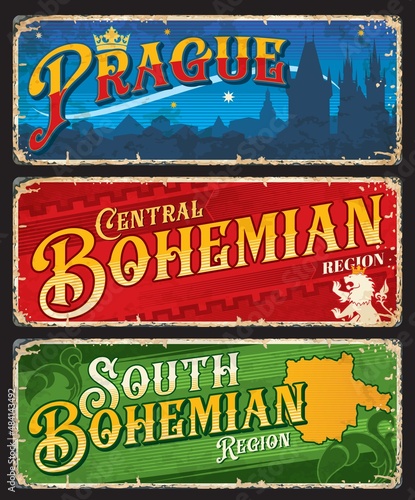 Prague, Central and South Bohemian czech regions stickers and plates. Vector travel vintage banners with heraldic crown, lion and castle, map countur and floral ornament. Touristic boards or plaques photo