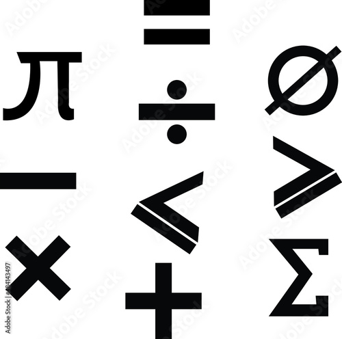 vector mathematical symbols, equals, subtraction, addition, division, multiplication, phi, summation, less than equal to, more than equal to, undefined for your design needs