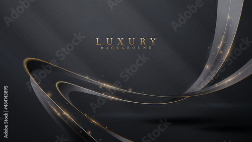 Ribbon with golden curve on black background luxury style with glittering light effect decoration.