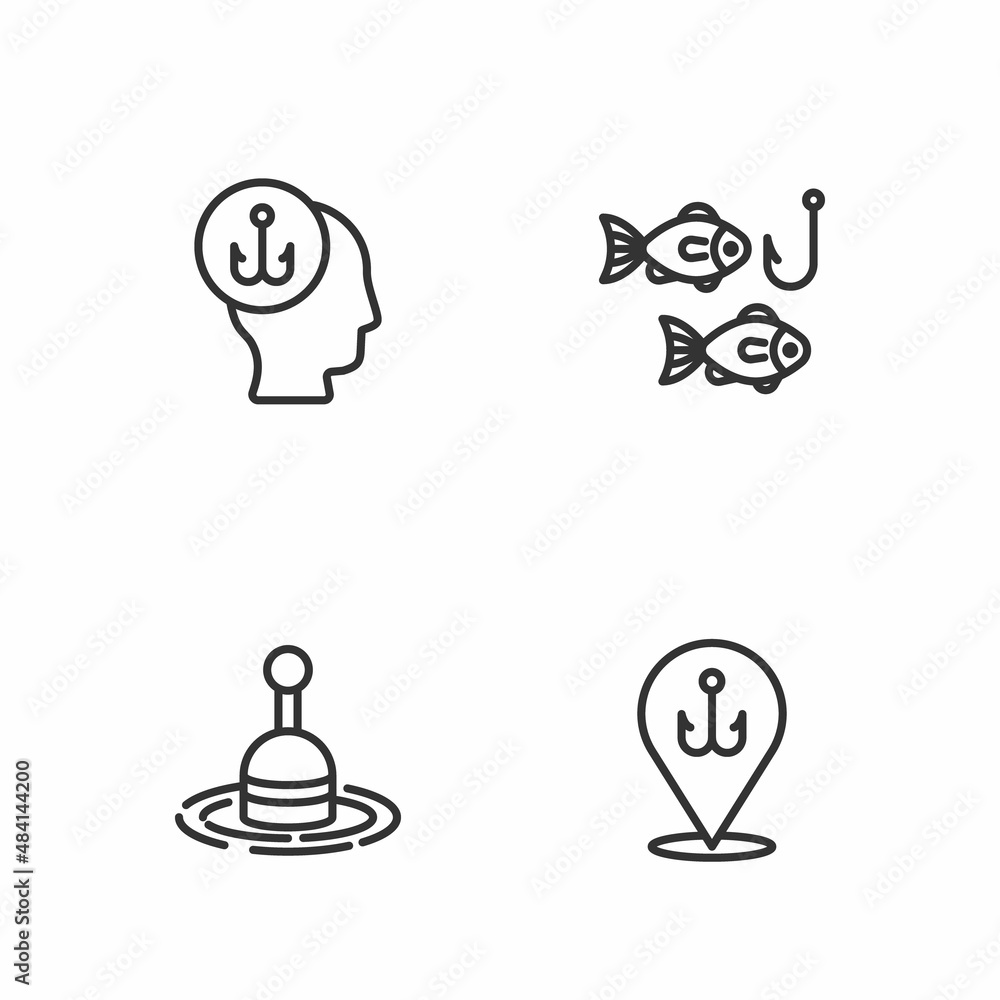 Set line Fishing hook, float water, Fisherman and with fish icon. Vector Set line Fishing hook, float water, Fisherman and with fish icon. Vector
