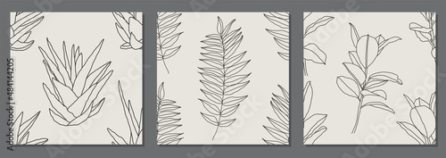 Set of trendy minimalist seamless botanical pattern with line art composition