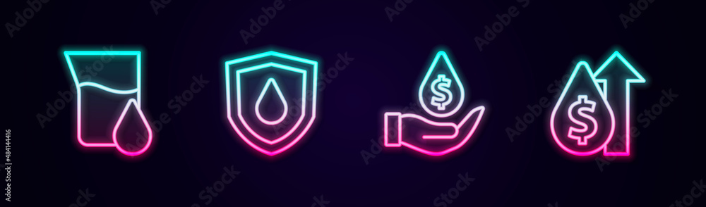 Set line Oil petrol test tube, drop on shield, with dollar symbol and price increase. Glowing neon icon. Vector Set line Oil petrol test tube, drop on shield, with dollar symbol and price increase. Glowing neon icon. Vector