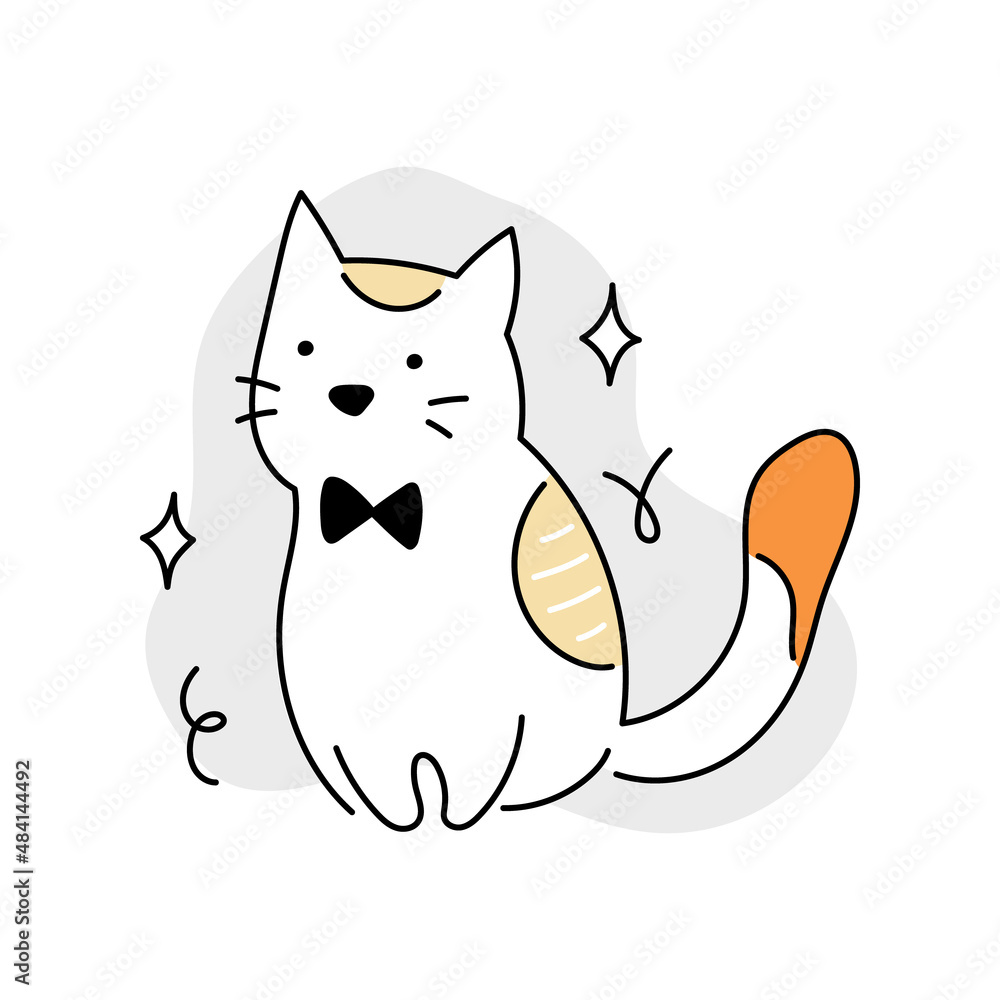 Cute cat with tie bow. Doodle line, vector illustration. Cute cat with tie bow. Doodle line, vector illustration.