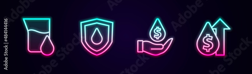 Set line Oil petrol test tube, drop on shield, with dollar symbol and price increase. Glowing neon icon. Vector