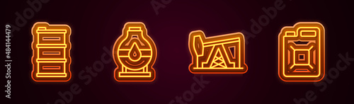 Set line Barrel oil, Oil tank storage, pump pump jack and Canister for gasoline. Glowing neon icon. Vector