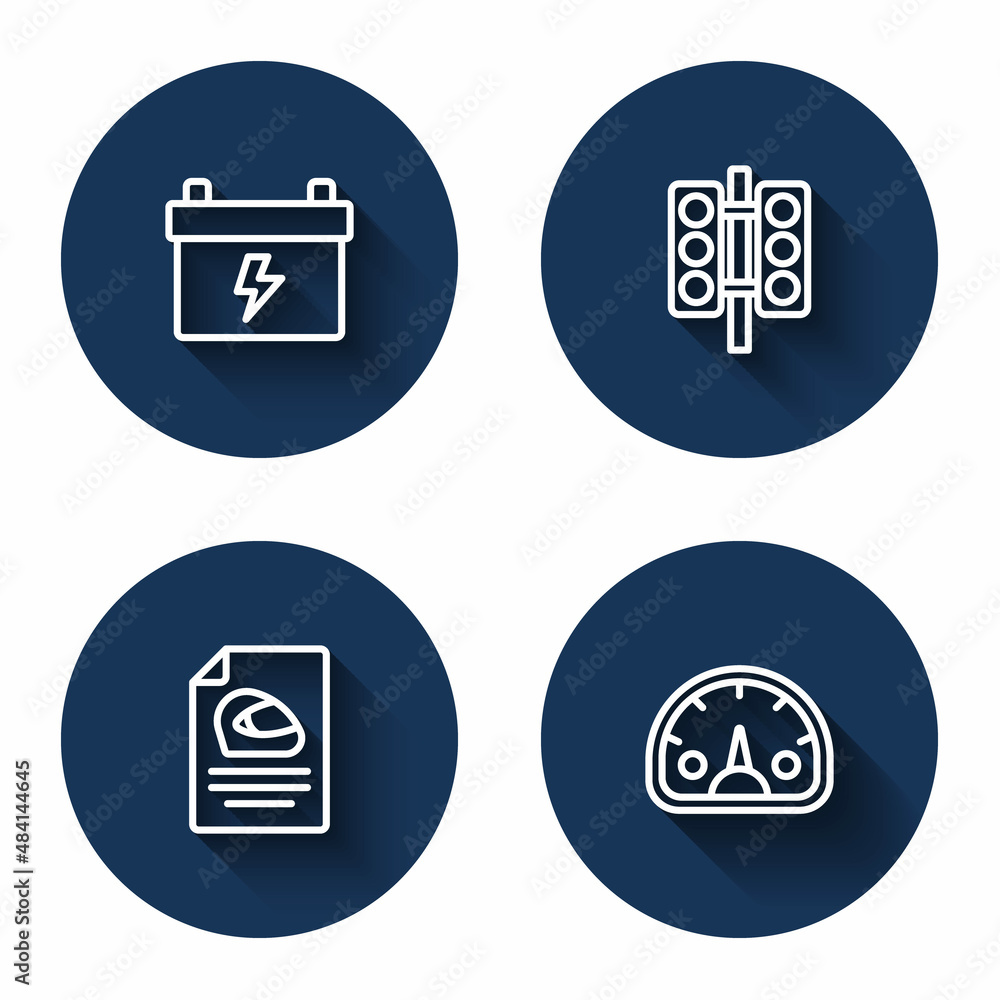 Set line Car battery, Racing traffic light, helmet and Speedometer with long shadow. Blue circle button. Vector Set line Car battery, Racing traffic light, helmet and Speedometer with long shadow. Blue circle button. Vector