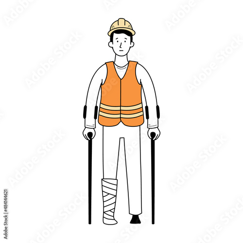 Worker with injury bandage leg. Fall accident on work. Doodle line style character. Vector illustration.
