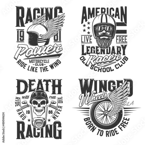 Tshirt prints for rally or racing club and motorsport championship apparel design. Vector mascots, t shirt prints with racer winged helmet, skull, wheel and bearded biker race monochrome retro symbols